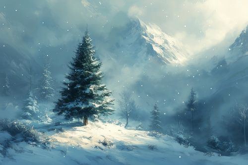 Lonely in the Snow - Winter Landscape with Pine Tree and Mountains