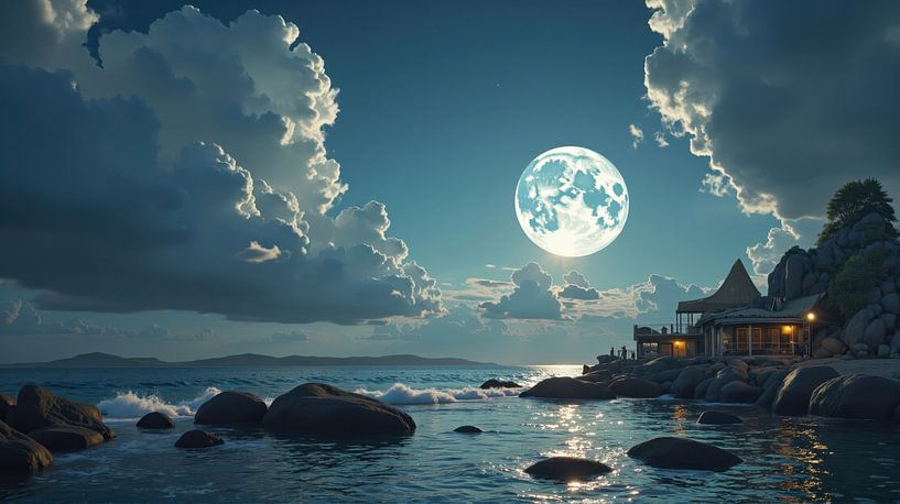 Breathtaking tropical beach resort under a big moon and cloudy sky by Markus Gann