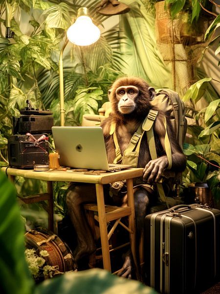 forêt vierge lieu de travail singe ordinateur portable valise lumière travail satire par gm_designs