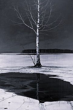 Eenzame boom bij bevroren meer van De Muurdecoratie