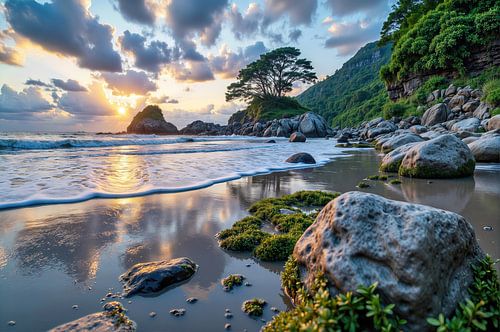Rotsachtig strand met vegetatie en licht bij zonsondergang