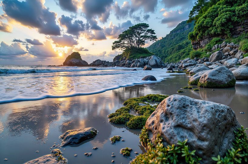 Rocky Beach with Vegetation and Sunset Light by Markus Gann
