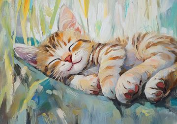 Slapende Kat | Vrolijke Kat in Zomer van Blikvanger Schilderijen