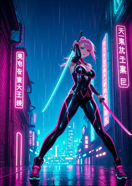 Anime Samurai Mädchen Japan Cyberpunk Stil von Ruzerin