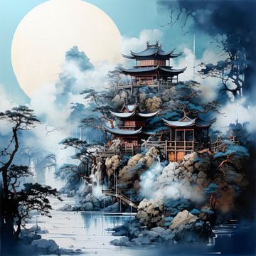 Japanse pagode boven watervallen in het maanlicht