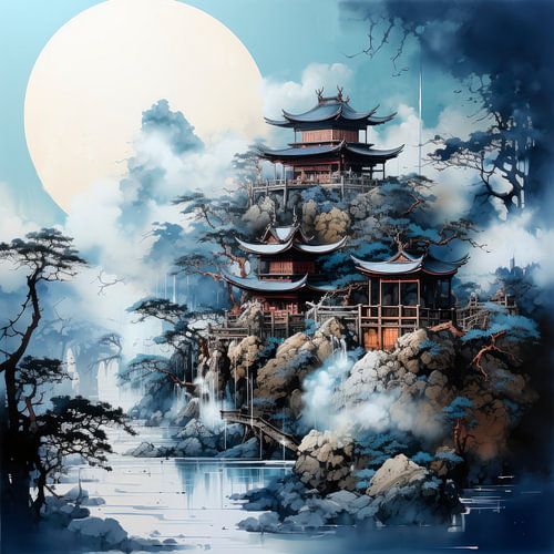 Japanse pagode boven watervallen in het maanlicht