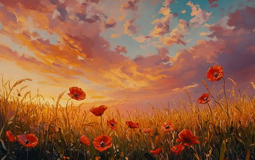 Korenveld met klaprozen en korenbloemen