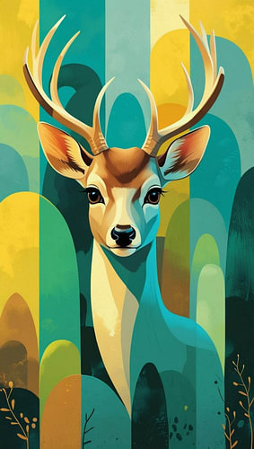 Majestic Antlered Deer in Abstract Forest
