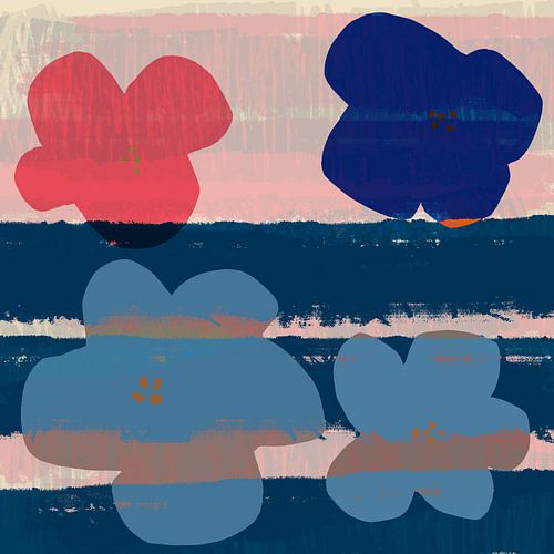 Bloemen. Pop-art. Modern kleurrijk botanisch in blauw, rood, roze.