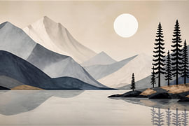 Berglandschaft am See im Japandi-Stil – Geometrische Natur-Illustration