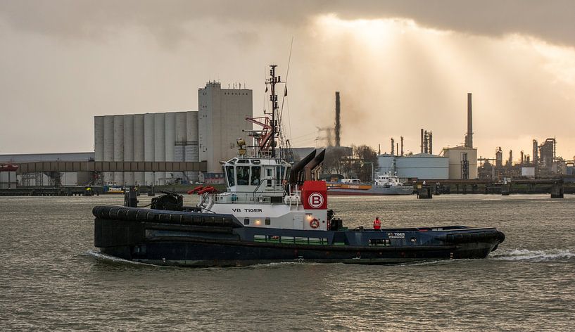 Zonsondergang in de haven de sleepboot onderweg. van scheepskijkerhavenfotografie