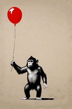 Junger Affe mit rotem Luftballon von De Muurdecoratie