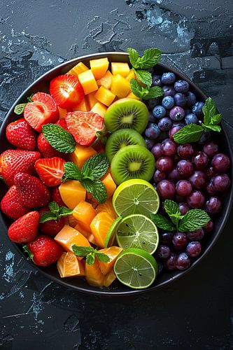 Kleurrijk fruitschaal met muntblaadjes