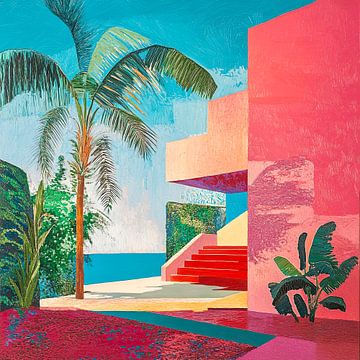 Tropisch schilderij met palmboom en kleurrijke architectuur van Vlindertuin-Art