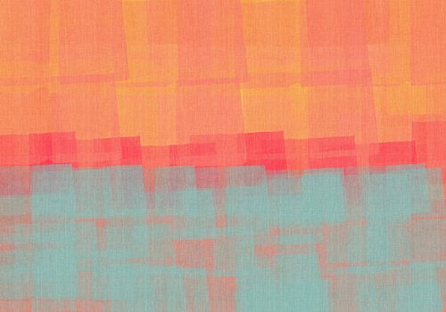 Abstract in oranje, neonroze en lichtblauw.