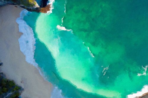 Schilderij van een tropische baai van bovenaf