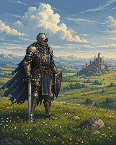 Chevalier en pixel art se tenant devant un majestueux château médiéval