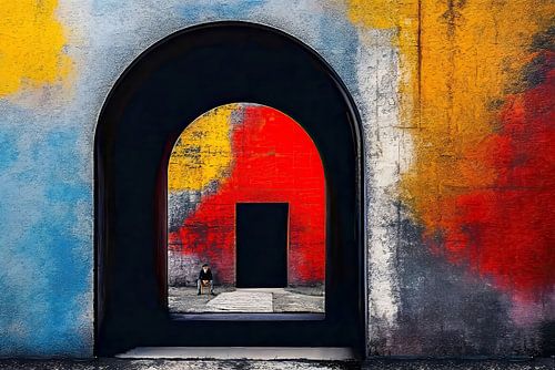 Verwitterter Torbogen und sitzender alter Mann-01