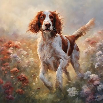 Setter irlandais rouge et blanc jouant dans un champ de fleurs 2 sur Johanna's Art