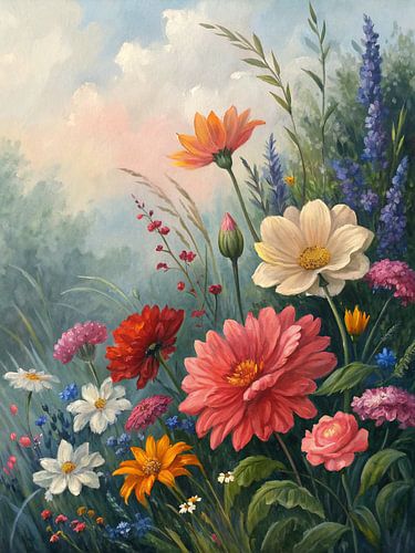 Een symfonie van de zomer: Een levendige wilde bloemenweide olieverfschilderij