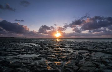 Sonnenuntergang über dem trockenen Wattenmeer