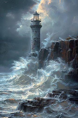 Phare majestueux dans une mer déchaînée au crépuscule