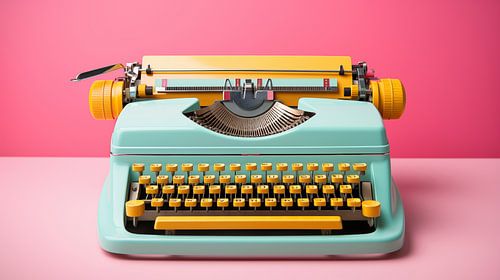 Vintage-roze en gele retro typemachine op roze achtergrond