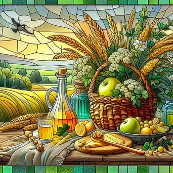 Table de pique-nique bien garnie de style vitrail