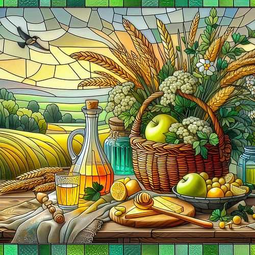 Table de pique-nique bien garnie de style vitrail