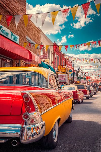 Retro motorcade in a lively city by Poster Art Shop