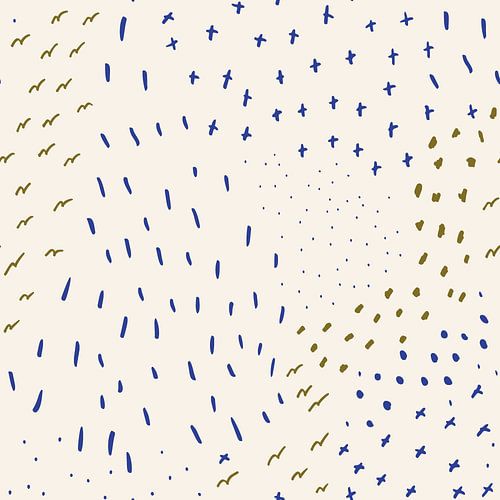 Lijnen, stippen en kruizen in pastel en neon in mosterdgeel, kobaltblauw en gebroken wit.