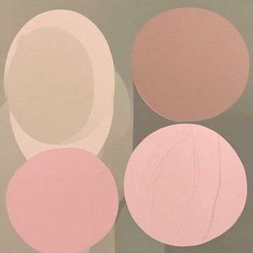 Ein modernes abstraktes Gemälde in ovalen Formen in pastellfarbenen rosa-braunen Tönen.