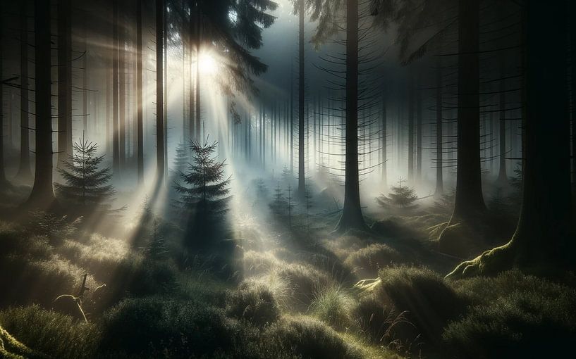 Ambiance matinale mystique dans la forêt nuageuse par artefacti