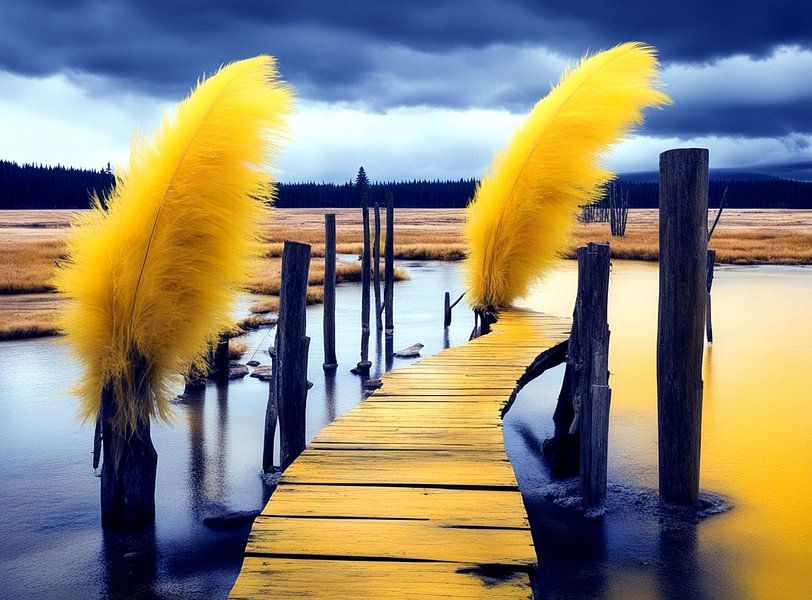 Yellowstone houten loopbrug met gele veren van Quinta Mandala