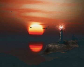 Phare de St Mathieu avec un coucher de soleil et des nuages de dentelles tourbillonnantes
