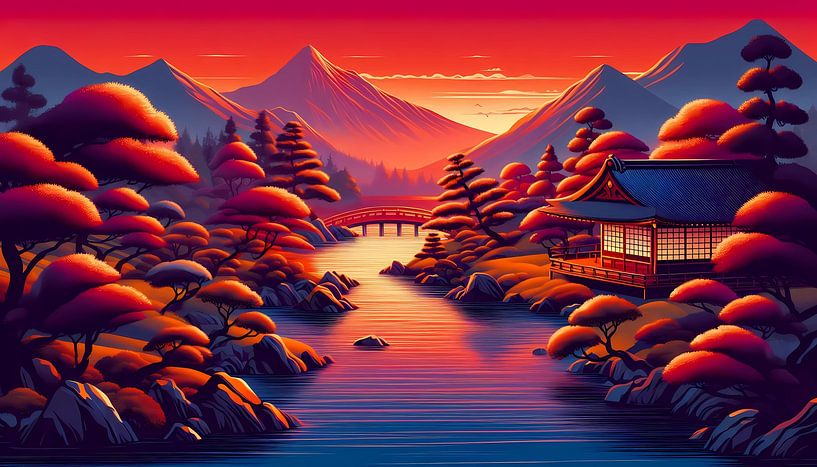 Japanse tuin en bergen van Tatjana Korneeva
