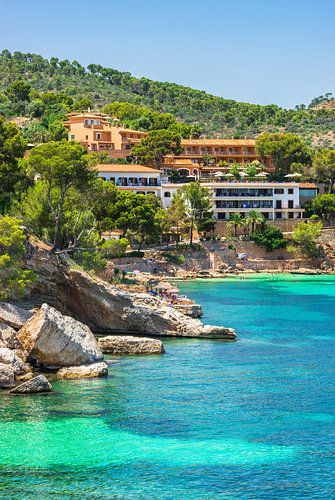 Spain Mallorca, idyllic view of beach at Cala Fornells