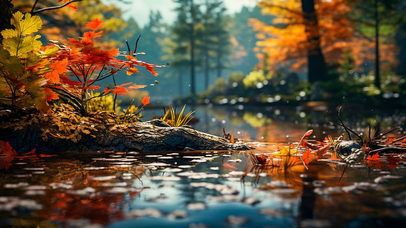 Herbstblätter auf dem Fluss, Illustration Hintergrund von Animaflora PicsStock