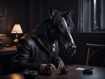 Pferd sitzt mit Lederjacke an einem Tisch von Michael