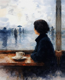 Café-Fenster an einem nebligen Morgen – Aquarellillustration von RAMYHEFNY-GALLERY
