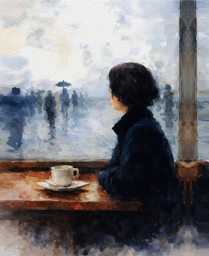 Fenêtre d'un café par un matin brumeux – Illustration à l'aquarelle
