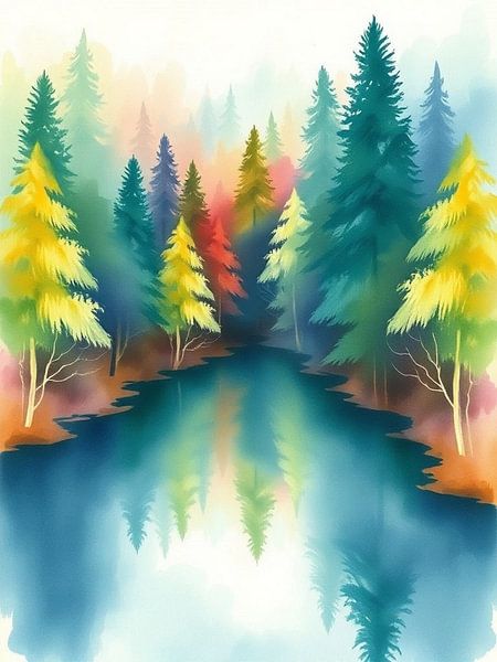 Whispering Pines on the Mist-Kissed Lake: A Vibrant Watercolor Journey into a Serene Forest Reflection by Artistic