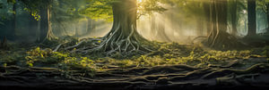 Baumwurzeln und Sonnenschein in einem grünen Wald, Kunstdesign