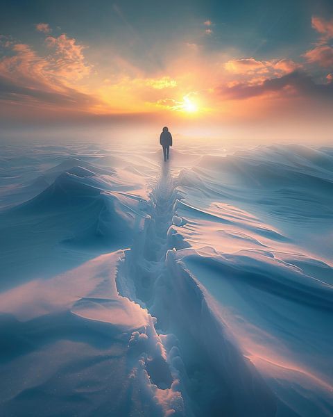 Eenzame wandelaar in het winterlicht van fernlichtsicht