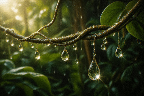 Gouttes de pluie suspendues à des lianes I Indonésie I Collecte de l'eau de pluie