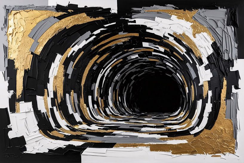Abstrakte schwarz-weiß-goldene Komposition von Art & Soul Creations