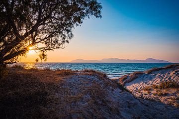 Zon schijnt door de takken bij zonsondergang in Kos van Marcus Beckert