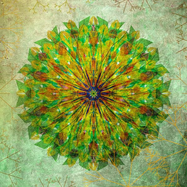 Mandala - grunge in yellow and green van Rietje Bulthuis