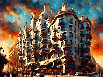Casa Mila in Barcelona, Spanien bei Sonnenuntergang von Johannas Art Creations