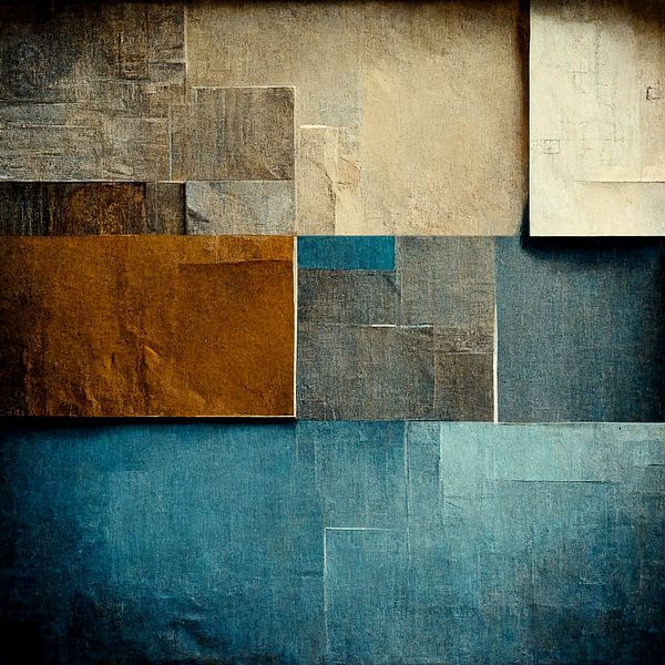 Abstrait, beige, bleu, brun, contraste, géométrie, gris, lin, moderne, design, tableaux par Color Square